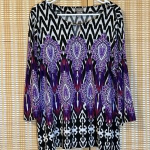 CHICOS Travelers Womens 3/XL Top 3/4 Sleeve Purple Black Geometric Boho Office